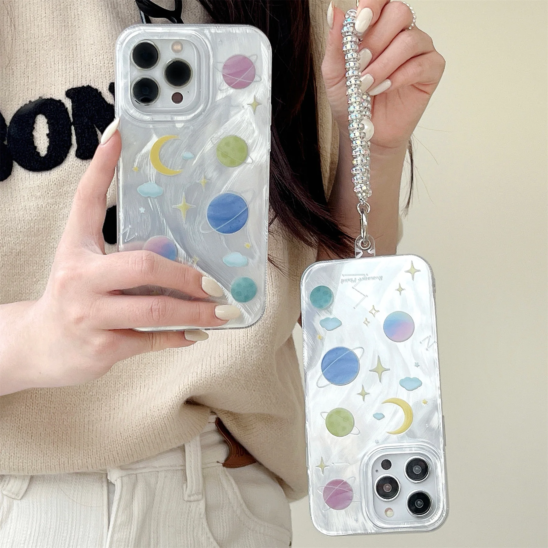 

Korean Luxury Star Moon Round Diamond Pearl Bracelet Case for iPhone 15 14 13 12 11 Pro Max Shockproof Back Cover for Girl Gift