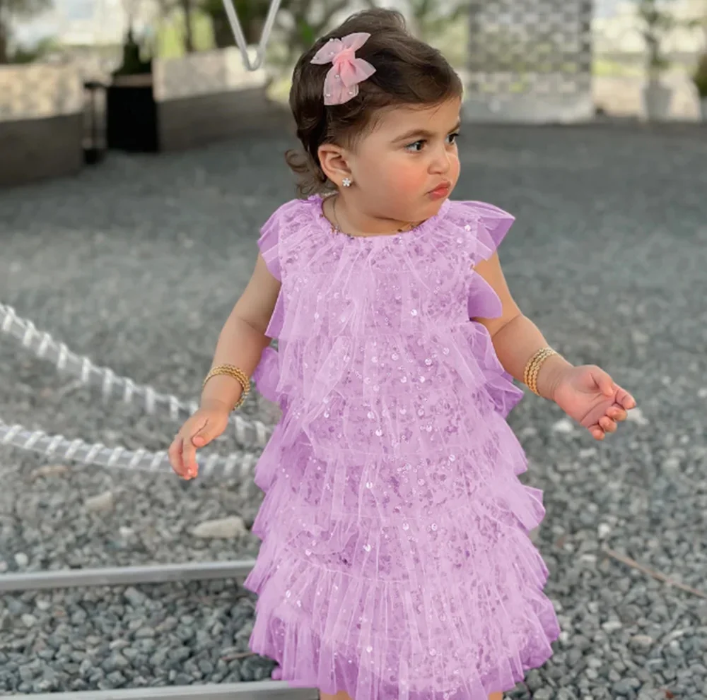

Shiny Customized Flower Girl Dress For Wedding A-Line Sequined Tea Lenght Cute Kids Birthday Party First Communion Gown
