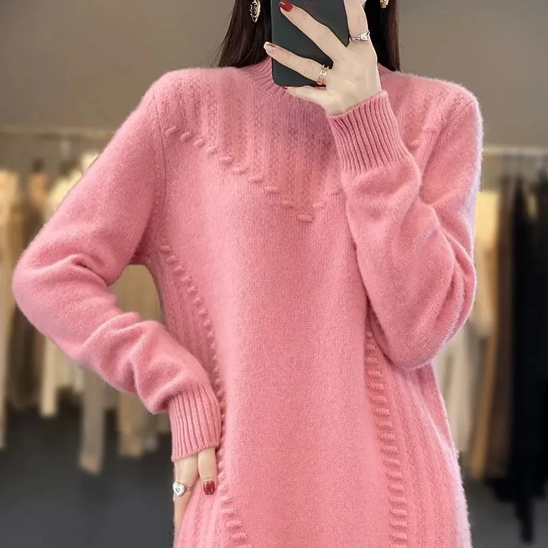 

Autumn Winter Cashmere Knitting Dress Women Half High Neck Loose Knit Wool Sweater Dress For Female 3XL Vestidos