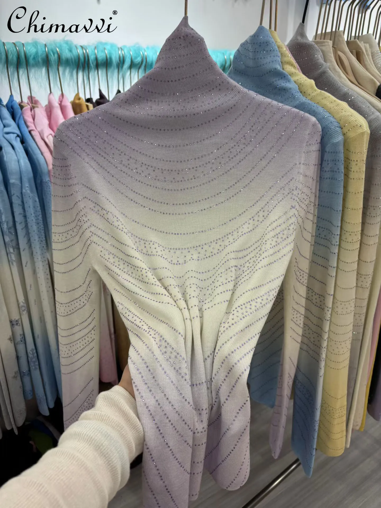 

Gradient Rhinestone Dyed Wool Knitted Base Shirt Women New Fashion Elegant Long Sleeve Pullover Sweater Autumn and Winter