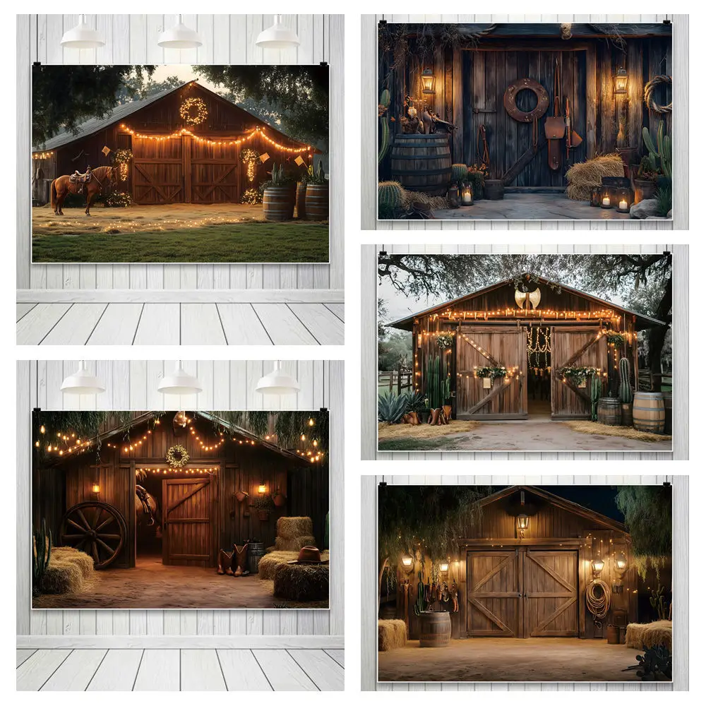 

Western Cowboy Background For Photography Cabin Barn Cactus Horse Boots Backdrop Cloth Photography Accessories Party Decorations