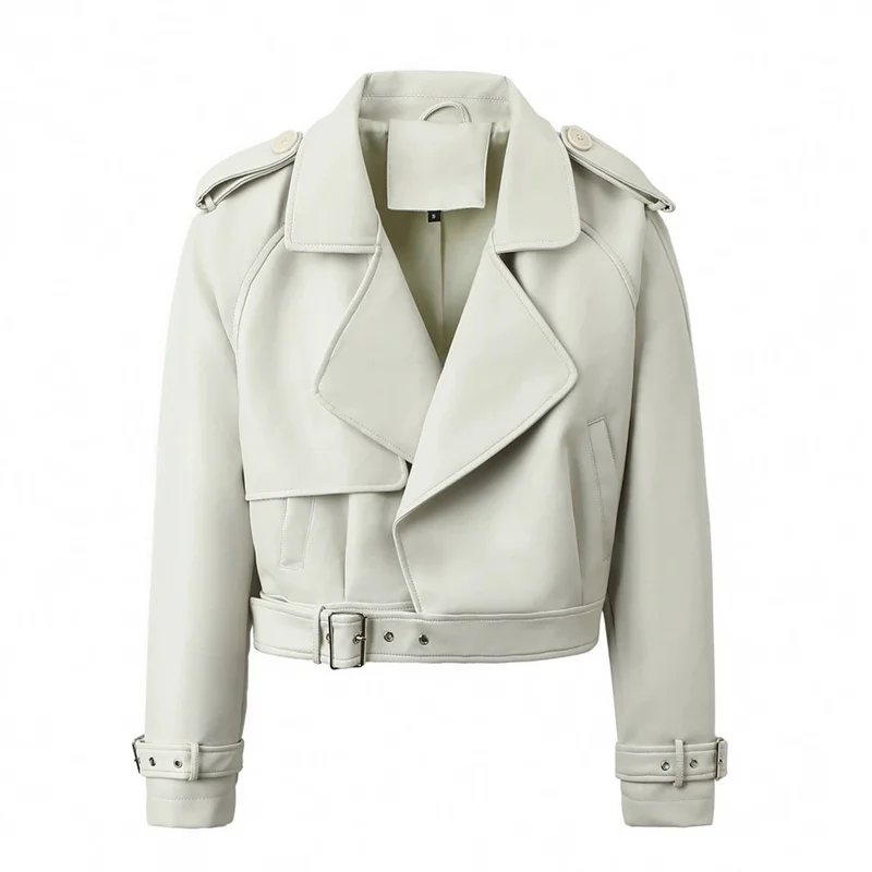 Giacca in pelle da donna streetwear Cappotto allentato super corto a vita alta Colletto couverture Cintura Giacche in PU Capispalla da donna Primavera Autunno