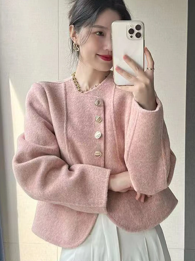 Jmprs French Elegant Tweed Jacket Women Fashion Sweet Single Breasted Coat Fall Winter Long Sleeve O Neck Design Casual Outwear