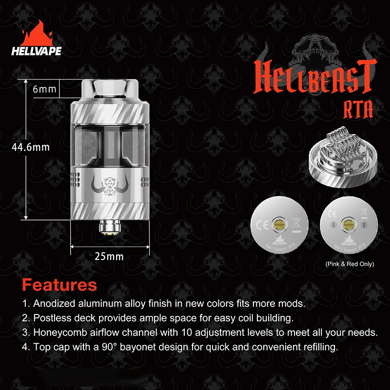 أحدث Hellvape Hellbeast RTA البخاخة ملء علوي 4.5 مللي ملف مزدوج 810 طرف بالتنقيط واسع Vape Mod التوافق السجائر الإلكترونية #4