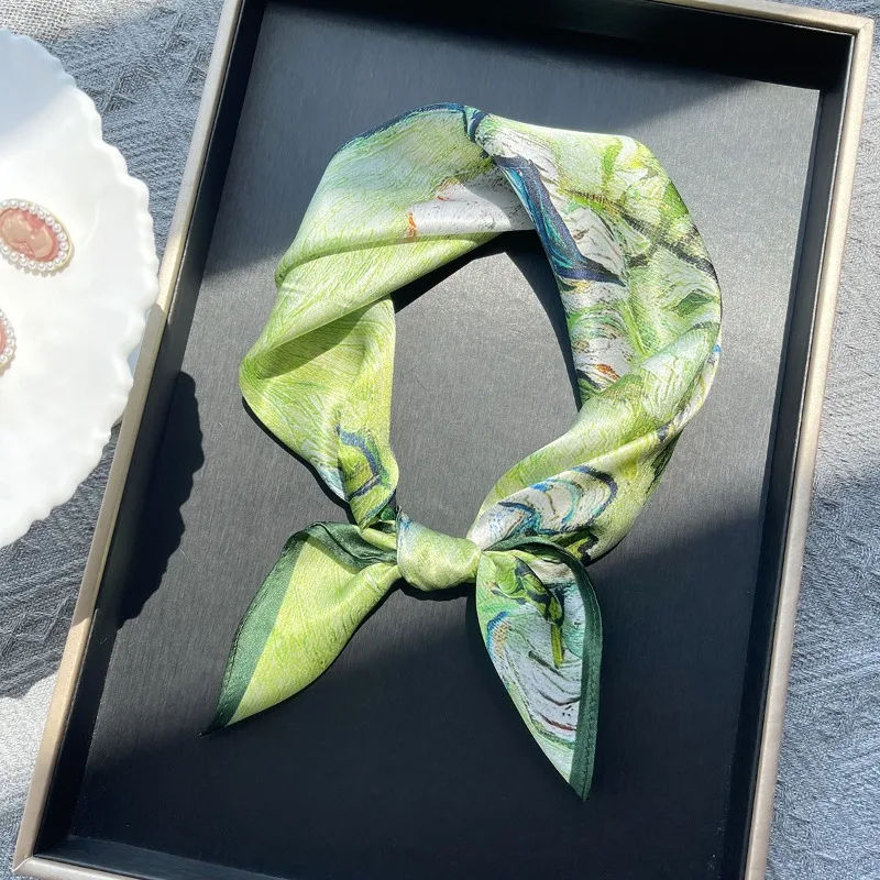 

Famous Artwork White Rose Print Silk Feel Square Scarf Versatile Necktie Head Wrap Handbag Ornament Ladies Vintage Fashion Gift