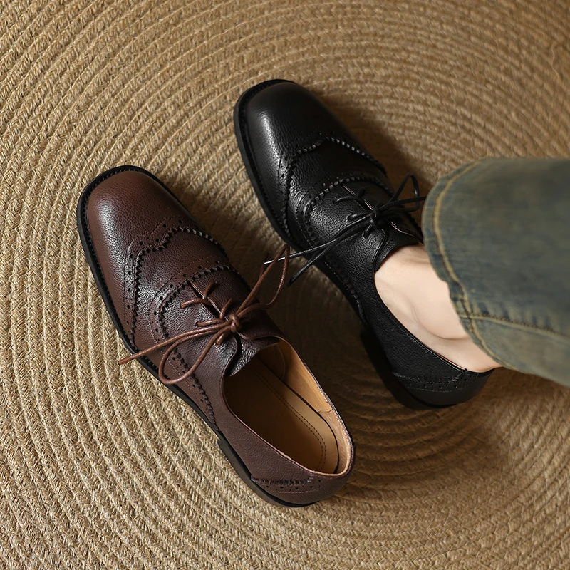 2026 new spring summer women pumps natural leather plus size 22-26.5cm cowhide+pigskin round toe Hollow Block women shoes