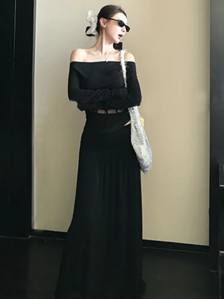 Conjunto de faldas elegantes de 2 piezas para mujer, trajes de fiesta a la moda, encaje ahuecado, Top ajustado de manga larga, falda acampanada, ropa de otoño Y2k