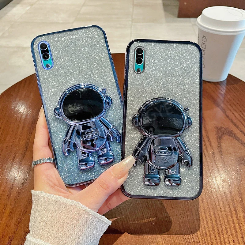 For Huawei Y7 Pro 2019 Case Soft Silicone Plating Bling TPU DUB-LX2 Phone Casing Protective Back Cover With Astronaut Bracket