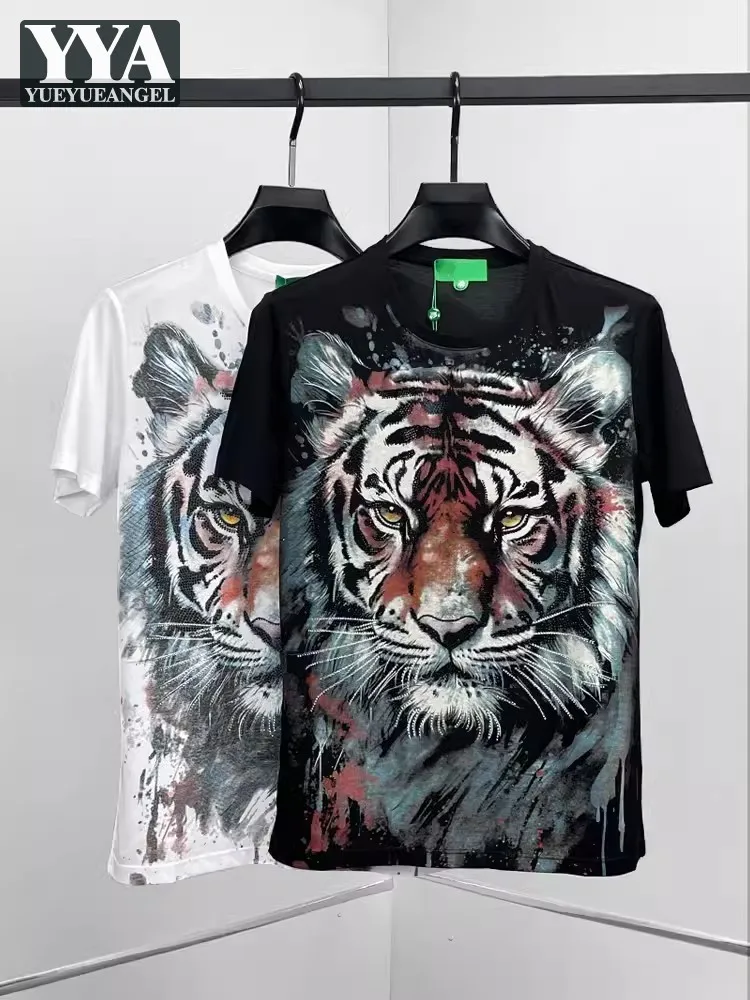 

Summer Fashion Mens Tiger Printed Diamonds T-Shirt Comfortable O Neck Short Sleeve Tees Tops Harajuku Casual Streetwear T-Shirts