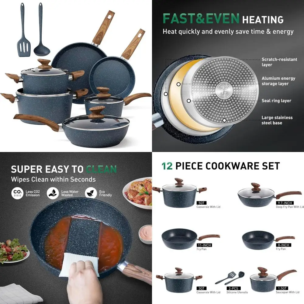 

12-Piece Blue Granite Nonstick Cookware Set for Induction and Stovetop Use