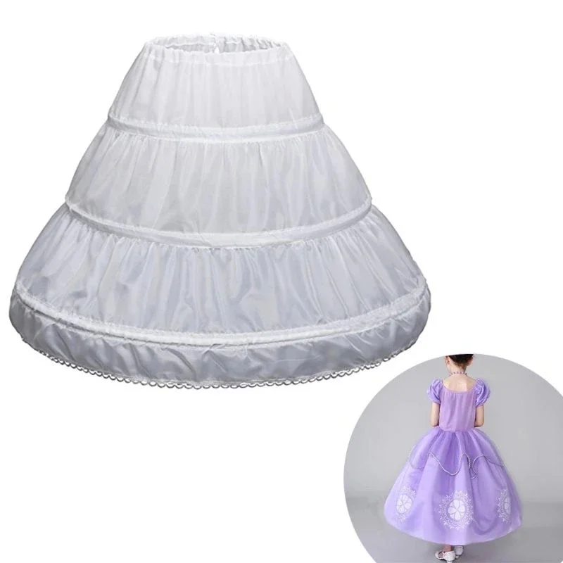 White Children Petticoat A-Line 3 Hoops One Layer Kids Crinoline Lace Trim Flower Girl Dress Underskirt Elastic Waist Half