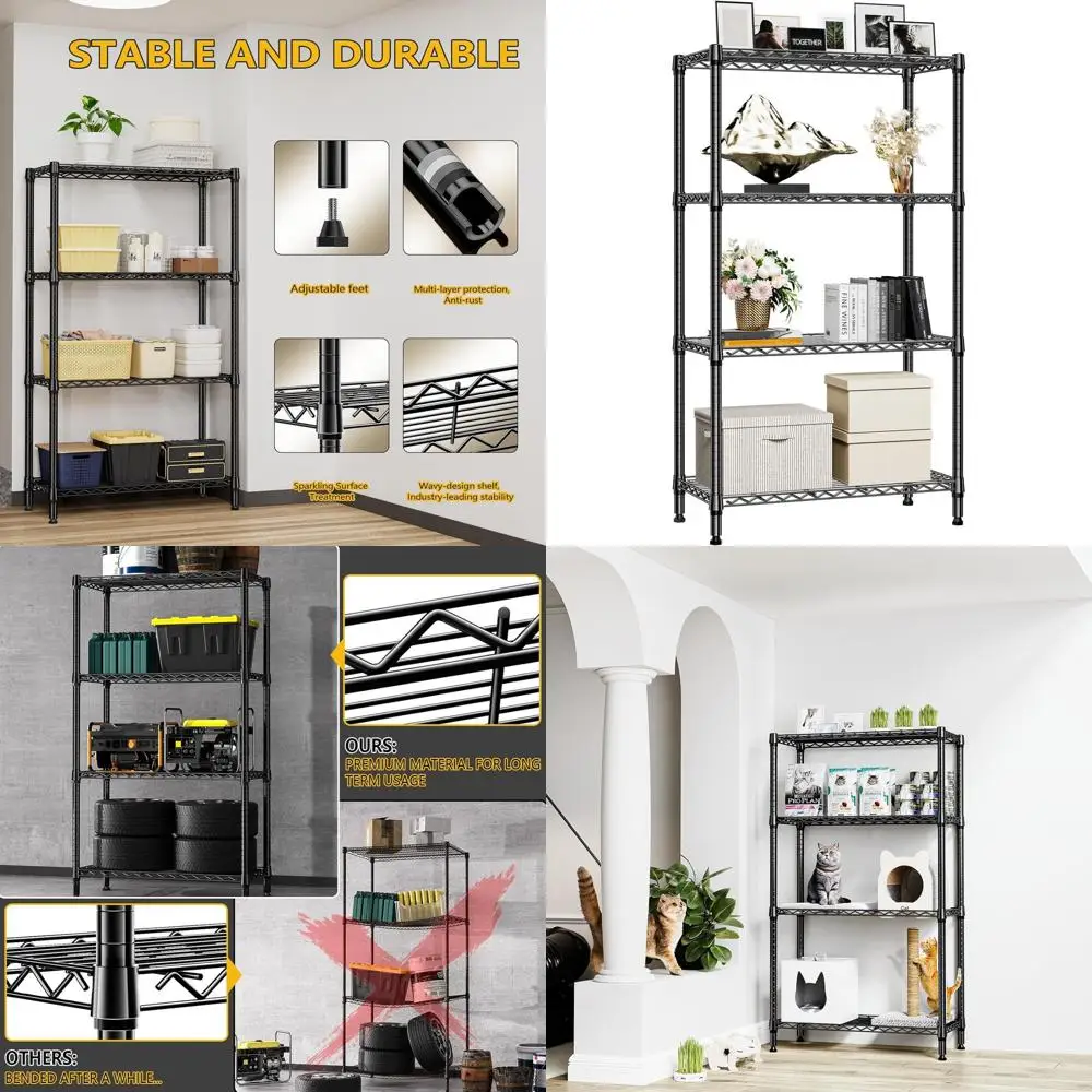 

Прочные 4-ярусные металлические стеллажи для хранения, черные, 13.8x35.4x59.5 для кладовой, гаража, кухни, ванной, прачечной