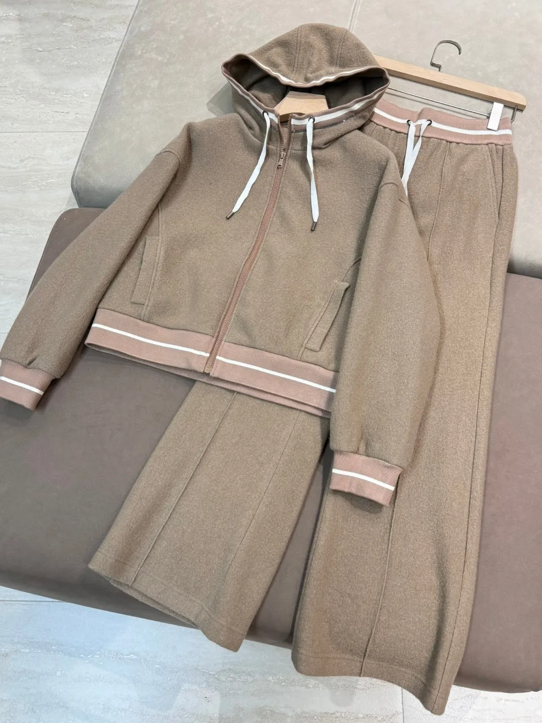 Autumn Winter Women's Pants Suit Hooded Wool Cardigan Sweatshirt Jacket Elastic Waist Wide-Leg Pants 2 Piece Set