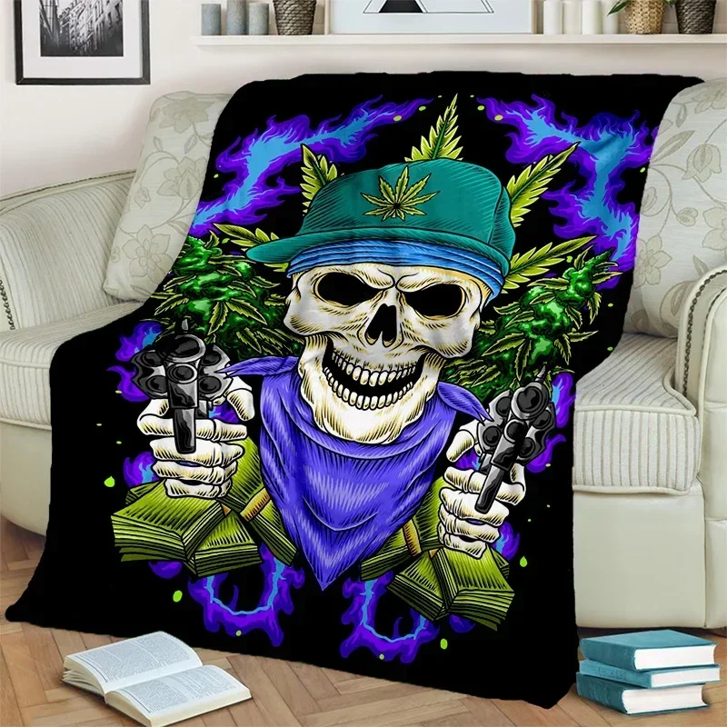 Smoke Maple Weed Plants Green Death Skull 3D Blanket,Soft Throw Blanket for Home Bedroom Bed Sofa Picnic Travel Office Cover Kid