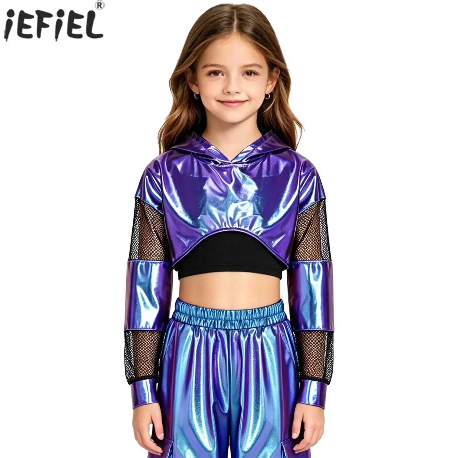 Kids Girls Metallic Hip-hop Jazz Dance Hoodie Tops Mesh Long Sleeve Hooded Pullover Crop Top Sweatshirt Stage Show Streetwear
