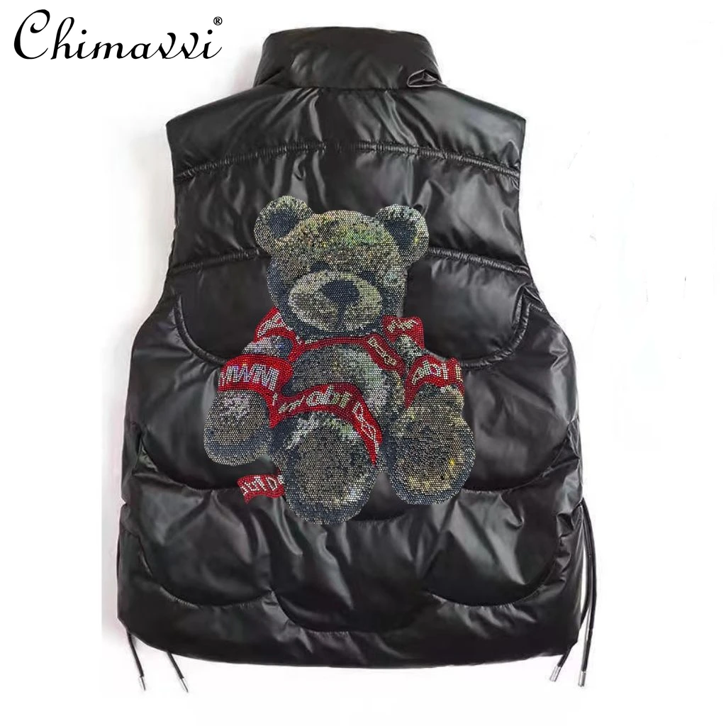 

2024 New Autumn and Winter Glossy Short Loose Leave-in Jacket Hot Diamond Cartoon Printed Bear Down Vest For Women