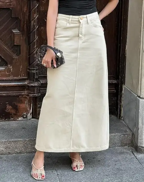 

Хлопковая бежевая длинная юбка, весна-лето 2024, новая модная женская повседневная одежда, утягивающая юбка с высокой талией и карманами, женская одежда
