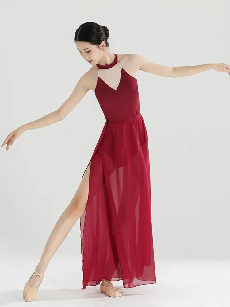 Abito con orlo diviso patchwork in rete senza maniche con scollo all'americana – Costume da palcoscenico per balletto slim fit per spettacoli di danza da donna