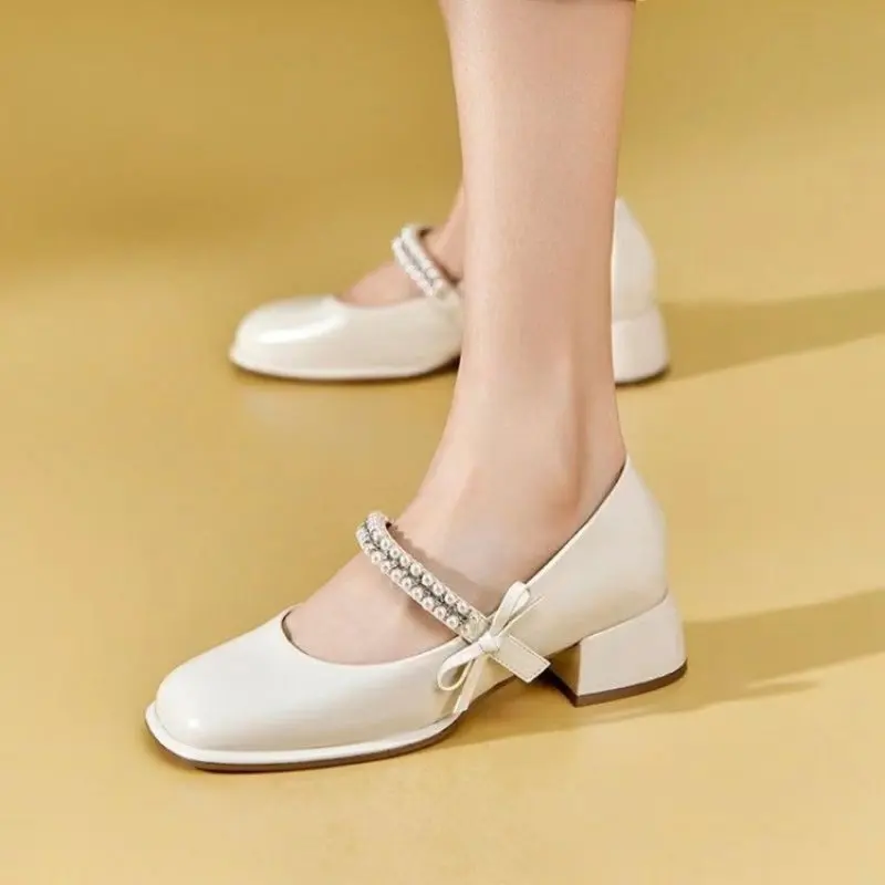 

Retro Leather Shoes Women Early Spring Bow Beaded Chunky Heel Shoes French Mary Jane Square Toe Women's Shoes French High Heels