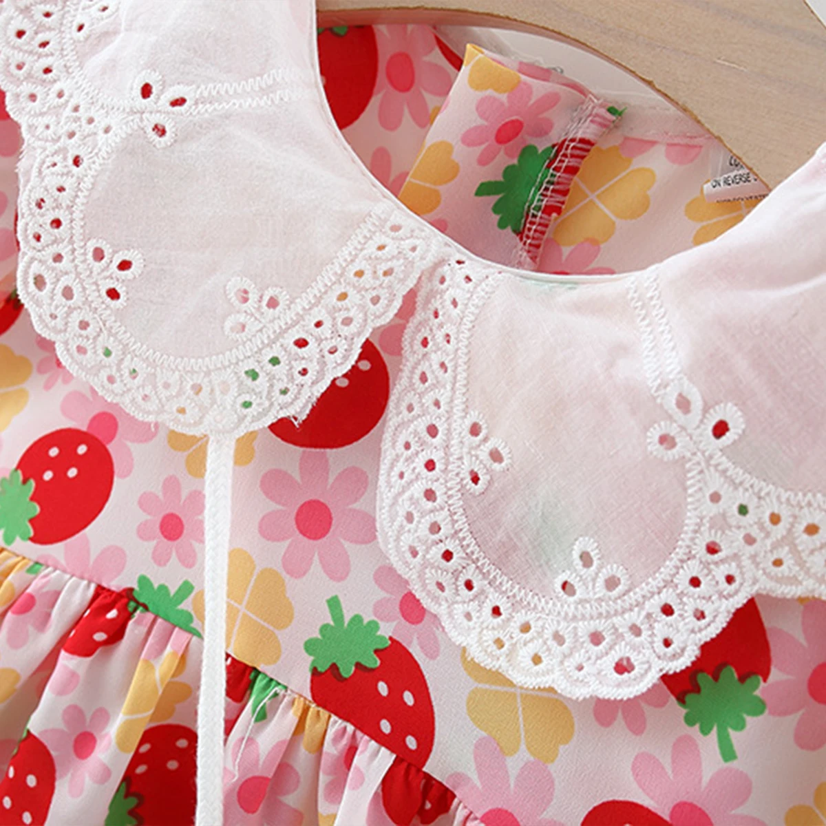 2Pcs/SetSummer full of strawberries rolled collar cotton dress for girls short sleeved dress with small flower bag as a gift