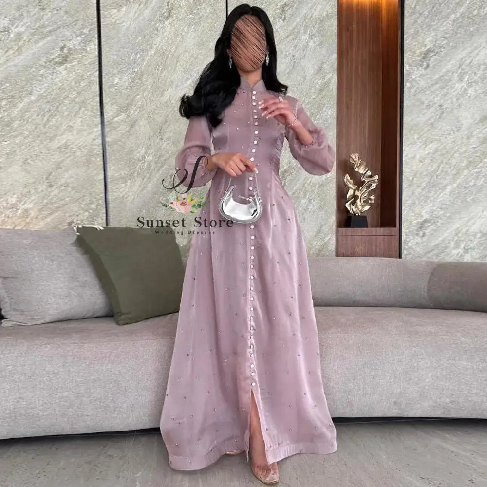 Customized Crystal A Line Evening Dresses Front Button Oranga Jacket Prom Gown High Neck Long Sleeve Dubai Wedding Guest Dress