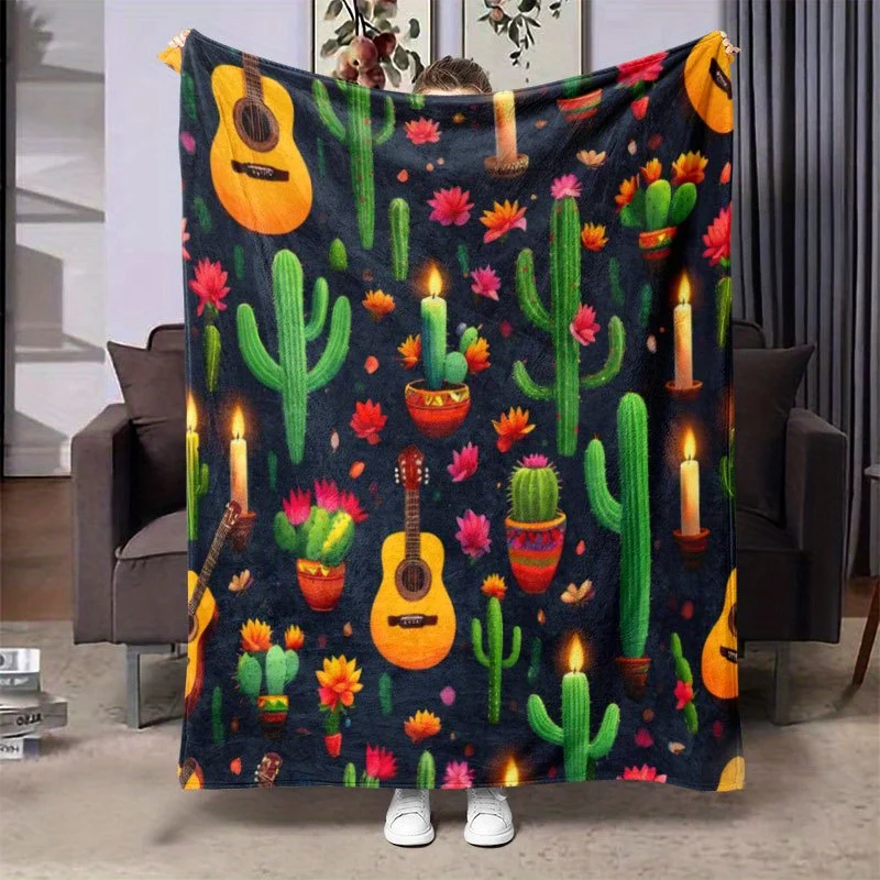 Desert Guitar Serenade Blanket Reversible Flannel Throw for Bohemian Souls AllSeason Comfort Southwestern Charm Gift