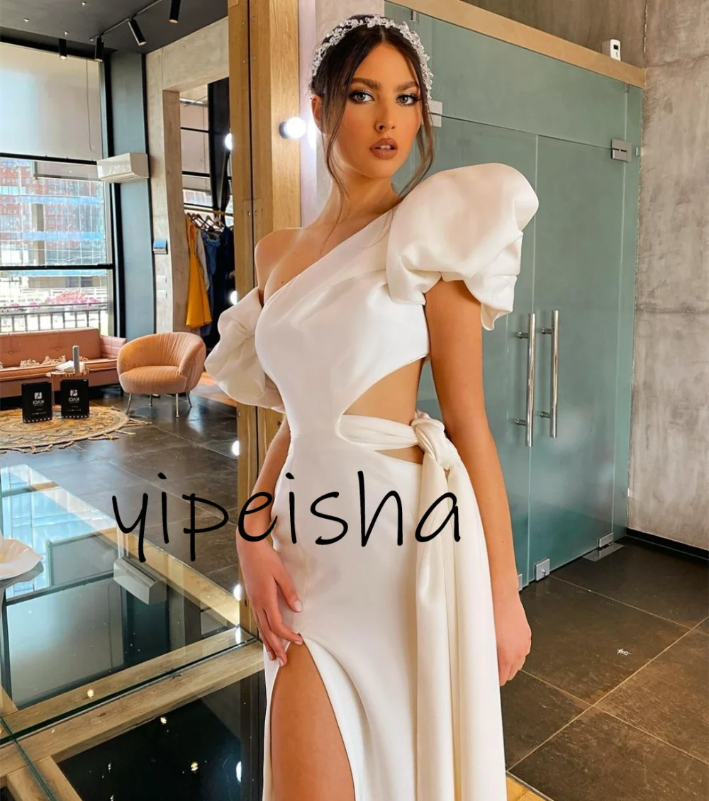 Yipeisha Sample Exquisite Long Ivory Satin Evening Dresses Sheath Pleated Watteau Train Prom Dress for Women formal dress