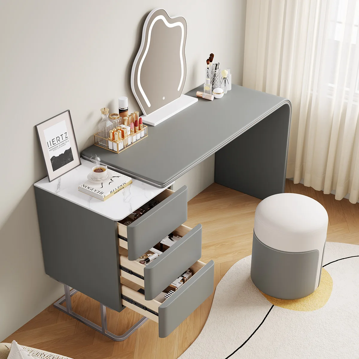 مكتب إيطالي فاخر بتصميم كريمي من الخشب الصلب بالكامل، مكياج من الجلد الوردي، مرآة متكاملة حديثة وبسيطة للفتيات لغرفة النوم