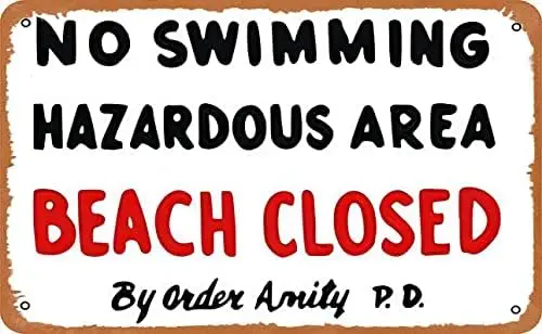 Vintage Tin Sign Amity Island Poster Jaws Movie Print Beach Closed No Swimming Cult Classic Home Art Wall Gift Decor Decorations
