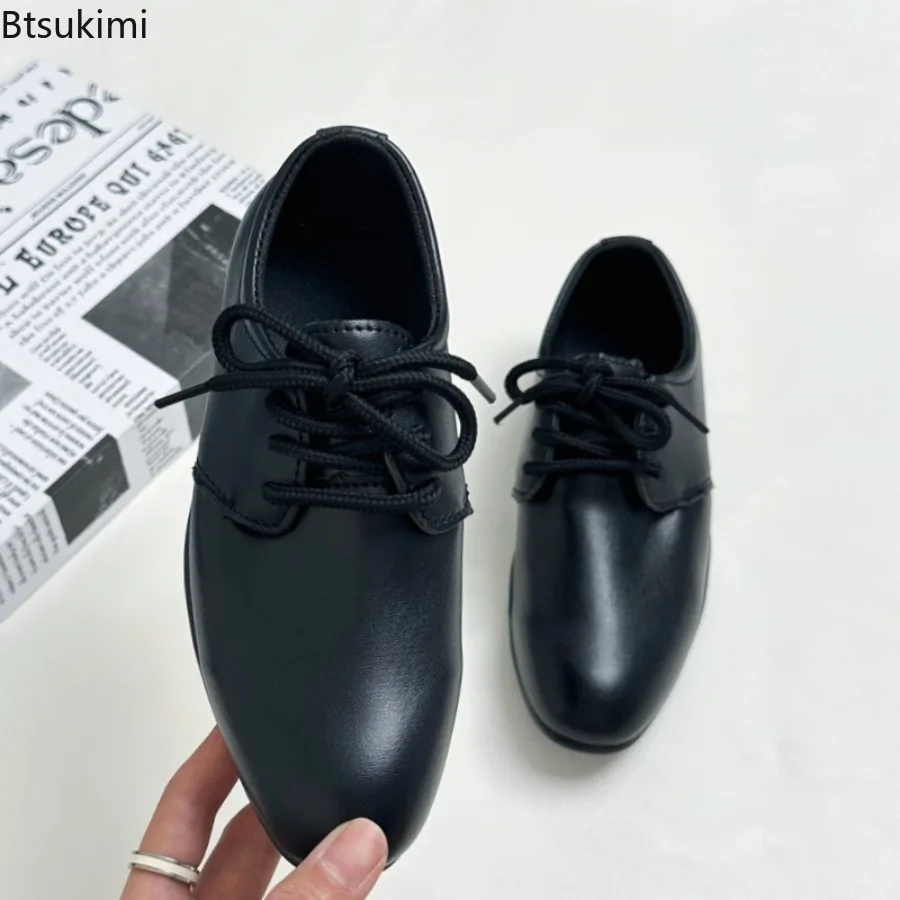 Children Boys Leather Shoes 2026 New Retro Fashion Non-slip Pointed Toe Lace Up Dress Shoes British Style Kids Performance Shoe
