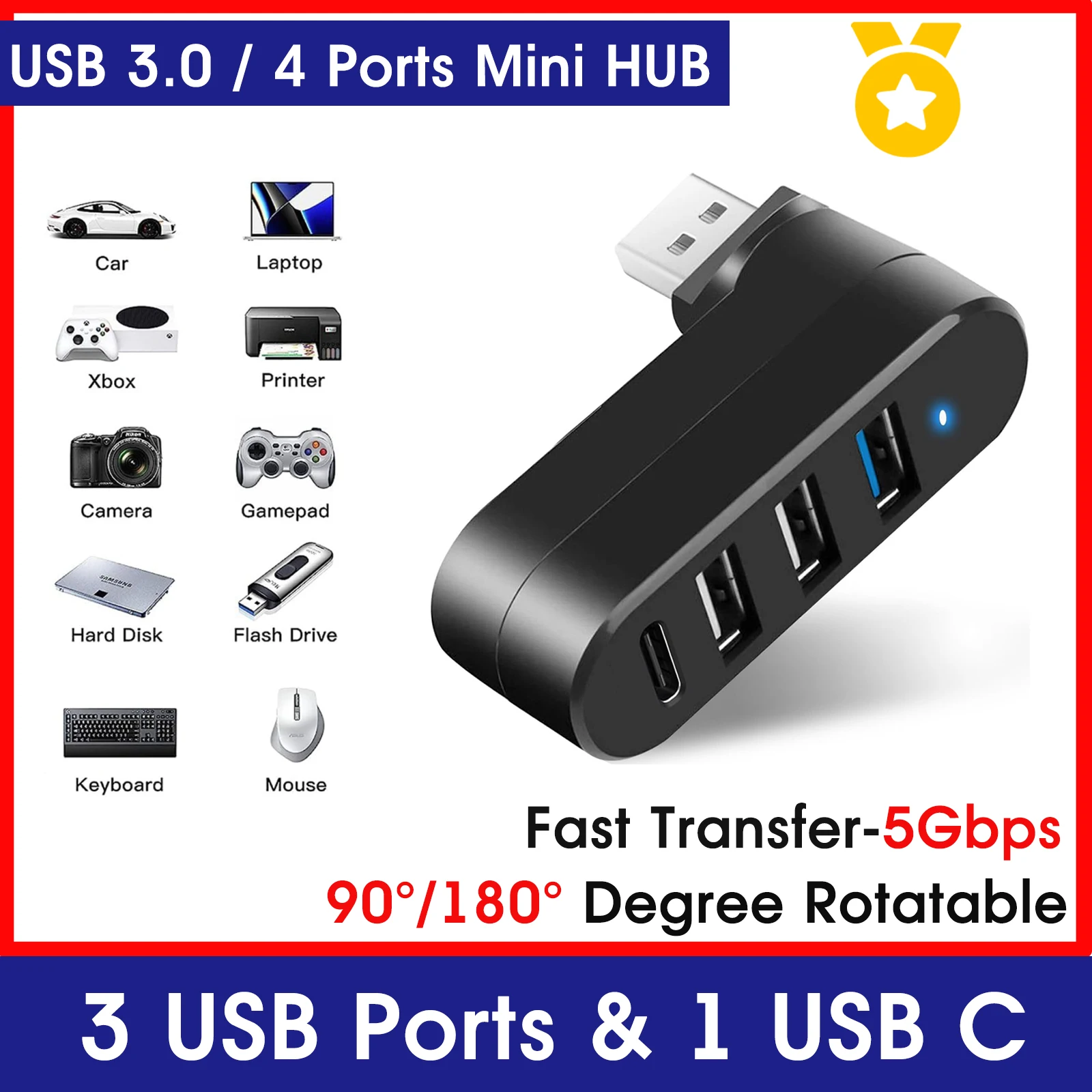 4-Port USB 3.0 Hub [90°/180° Degree Rotatable], USB Splitter with 3 USB Ports & 1 USB C Power/Data Port, for Laptop Car, iMac