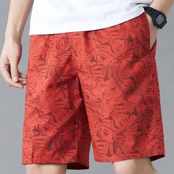 Calça masculina estampada de plantas e flores, bolsos elásticos de cintura alta, calça reta de joelho, estilo inglês, roupas de verão