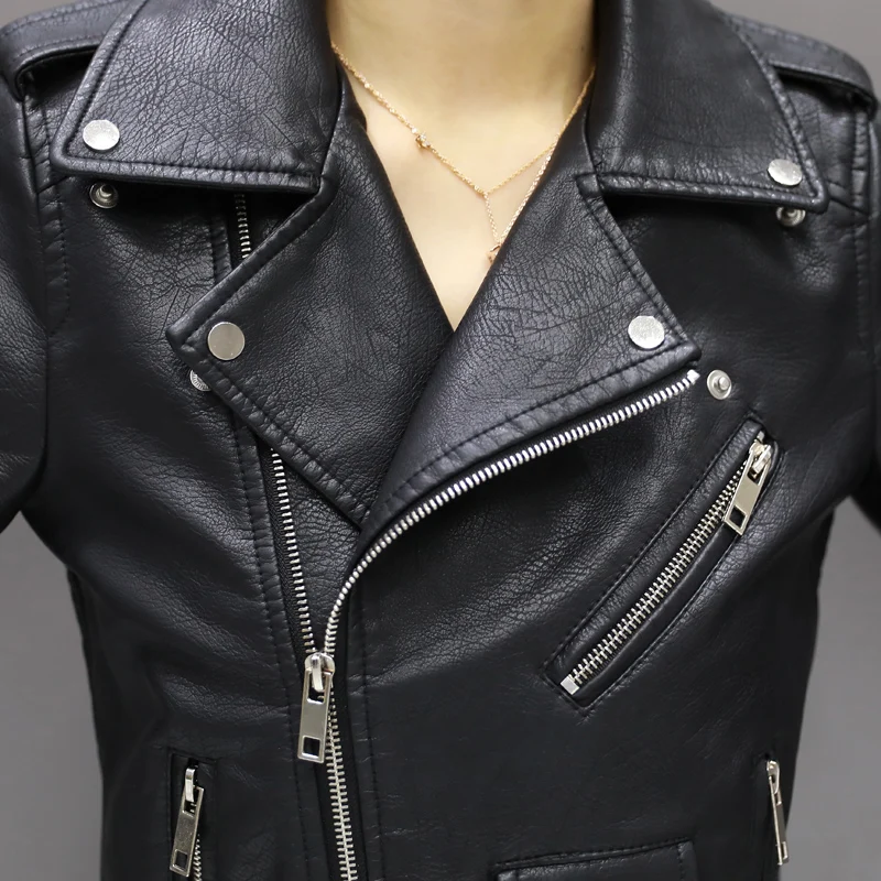 Black PU Leather Motorcycle Jacket for Women, Short Streetwear Coat, Korean, Spring, Autumn, Winter, New, 2022