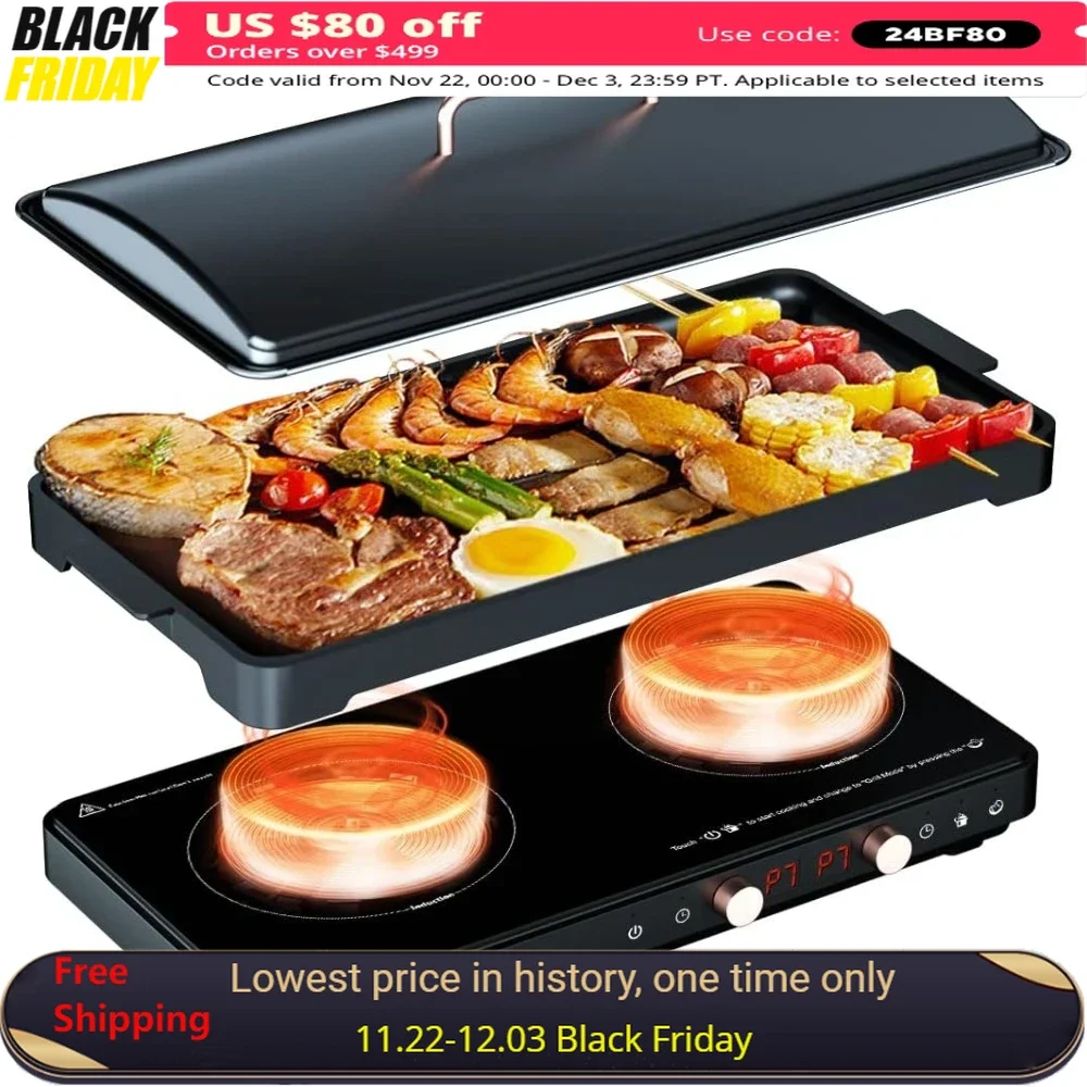 Electric Induction Cooker, 2 Burner Removable Non-Stic, Timer & Digital Temperature Control, Portable Double Induction Cooktop