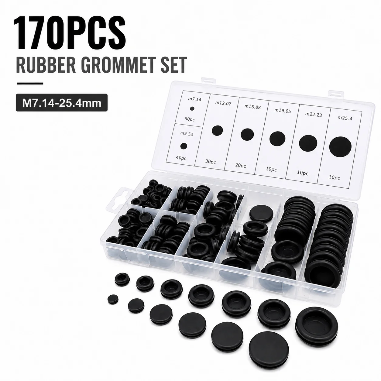 170 Pieces M7.14/9.53/12.07/15.88/19.05/22.23/25.4 Black Rubber Gasket Instrument Panel Wiring Dustproof and Wear-resistant Set