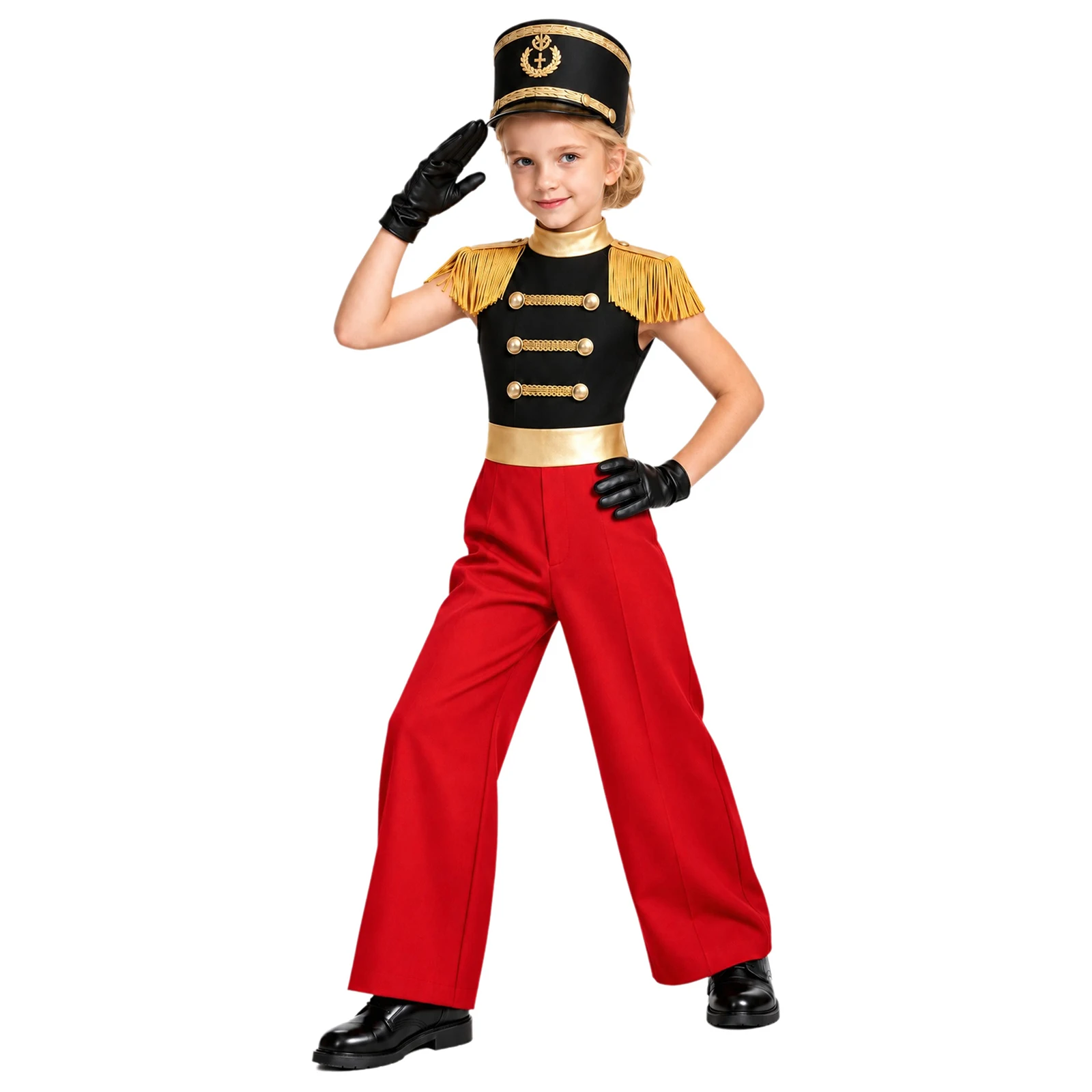 Kids Girls Circus Costume Marching Band Metallic Jumpsuit Bodysuit for Halloween Parade Carnival Role-play Majorette Outfit