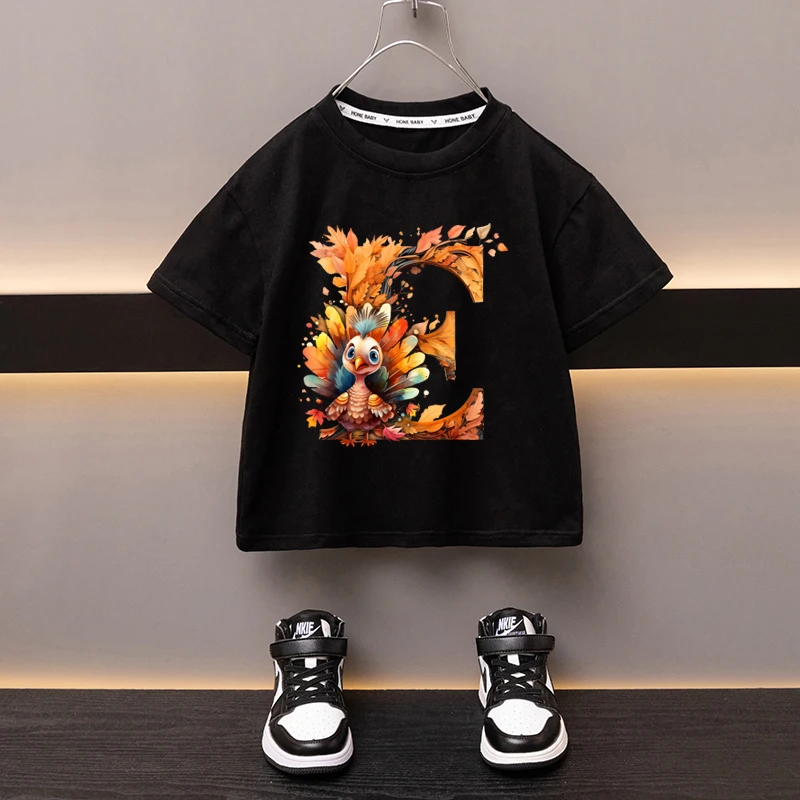 Maple Leaves Letter E Children T-shirt Kawaii Clothes for Girls T Shirt Anime Cartoons Casual Kid Boy Short Sleeve Tops New 2024