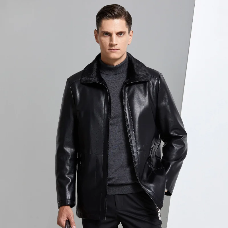 

Middle-Aged Winter 2023 New Men's Mink Fur Business Casual Lapel Eco-Leather Jacket Plus Velvet Thick Coat