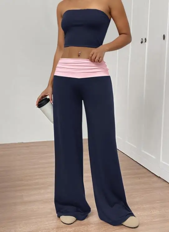 

Комплект из двух предметов: женский костюм Весна-Лето 2026, новый укороченный топ без бретелек и повседневные брюки с контрастной высокой талией