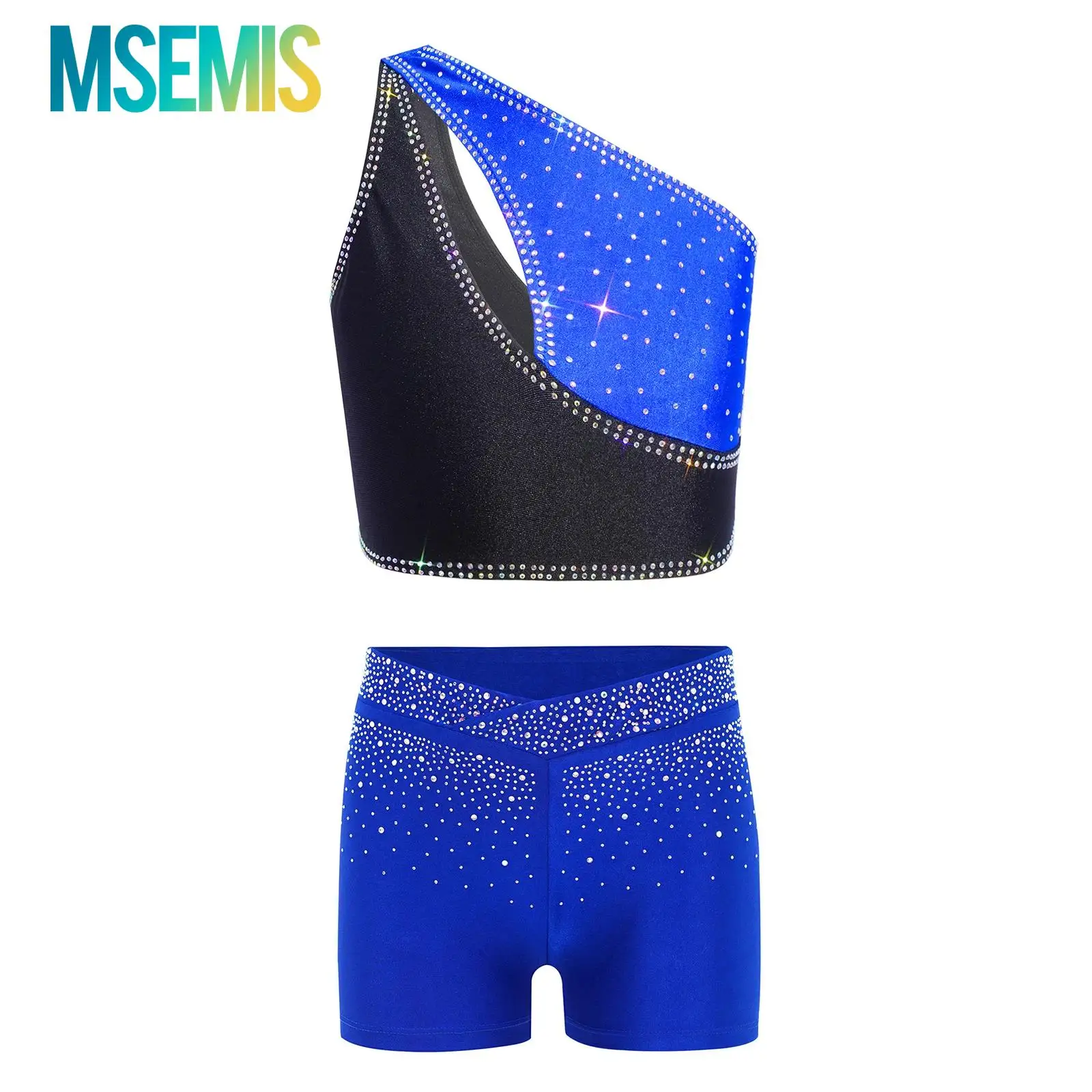 

Детский гимнастический купальник для девочек, костюм для балета и танцев, танцевальная одежда, топ на одно плечо с вырезом «ключница» и блестящими стразами, укороченный топ с шортами