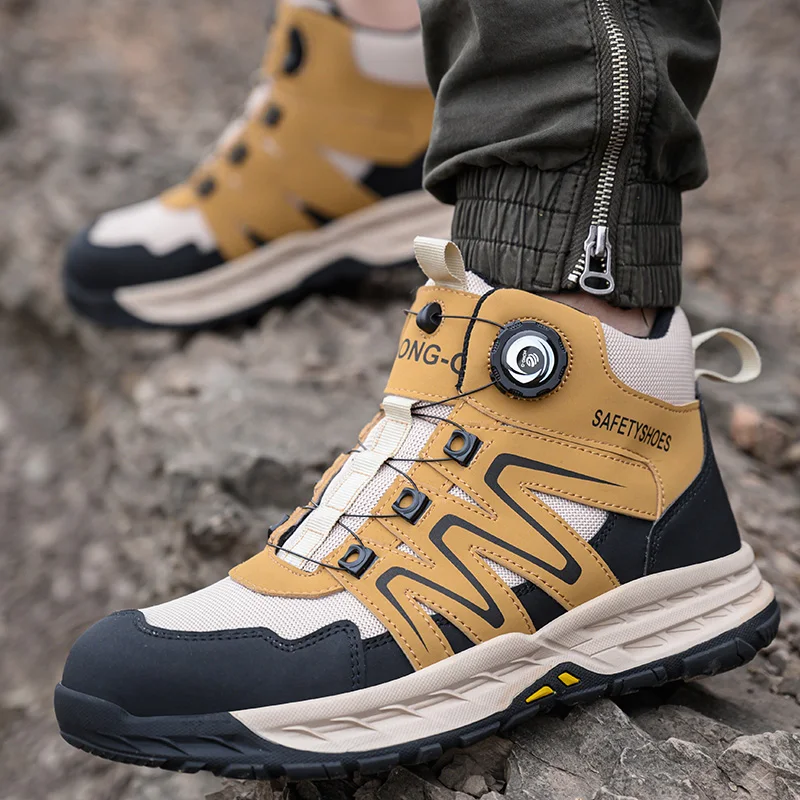 Steel Toe Rotating Button Safety Shoes Men,Lightweight Breathable Anti-Puncture Anti-Smash Non Slip Industrial Work Boots