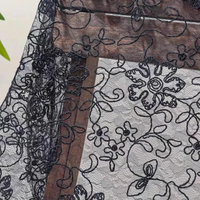 Black Bone Rope Embroidered Mesh Lace Fabric DIY Cheongsam Dress Clothing Fabric Designer Fabric European And American Style