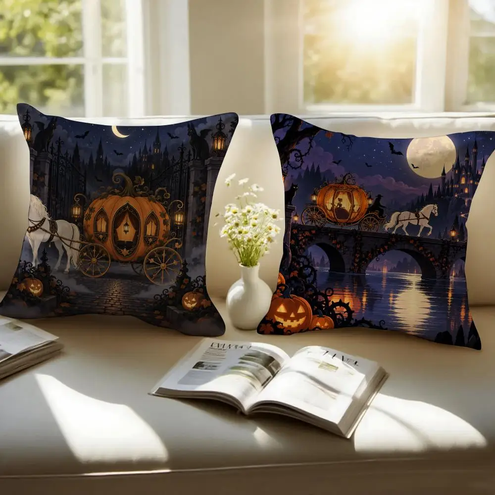 Hallowee Pumpkin Carriage Cushion Cover Pillowcase Anti-dustmite Invisible Zipper Short Plush Sofa Cushion