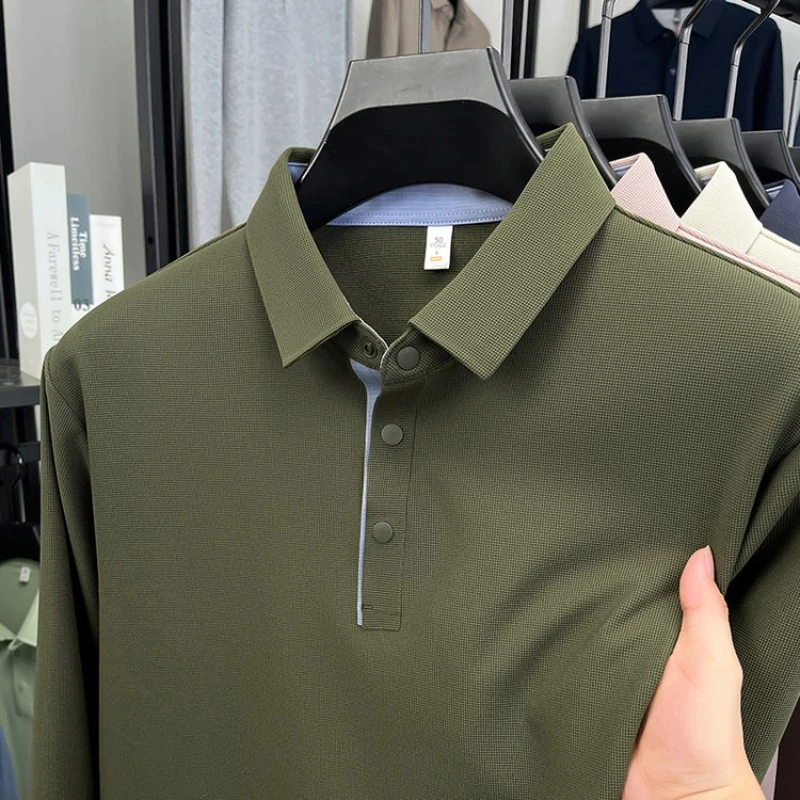 

Men's Waffle Knit Long-Sleeve Polo Navy Blue Business Casual M-4XL Anti-Pilling & Soft Touch Premium Stitching Multiple Colors