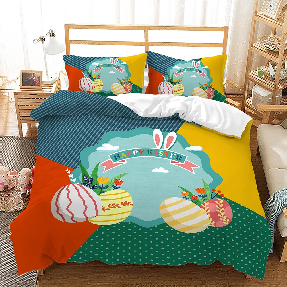 Easter Duvet Cover Set King/Queen Size Colorful Easter Eggs Nest Bunnies Theme Bedding Set Kids Boys Girls Polyester Quilt Cover