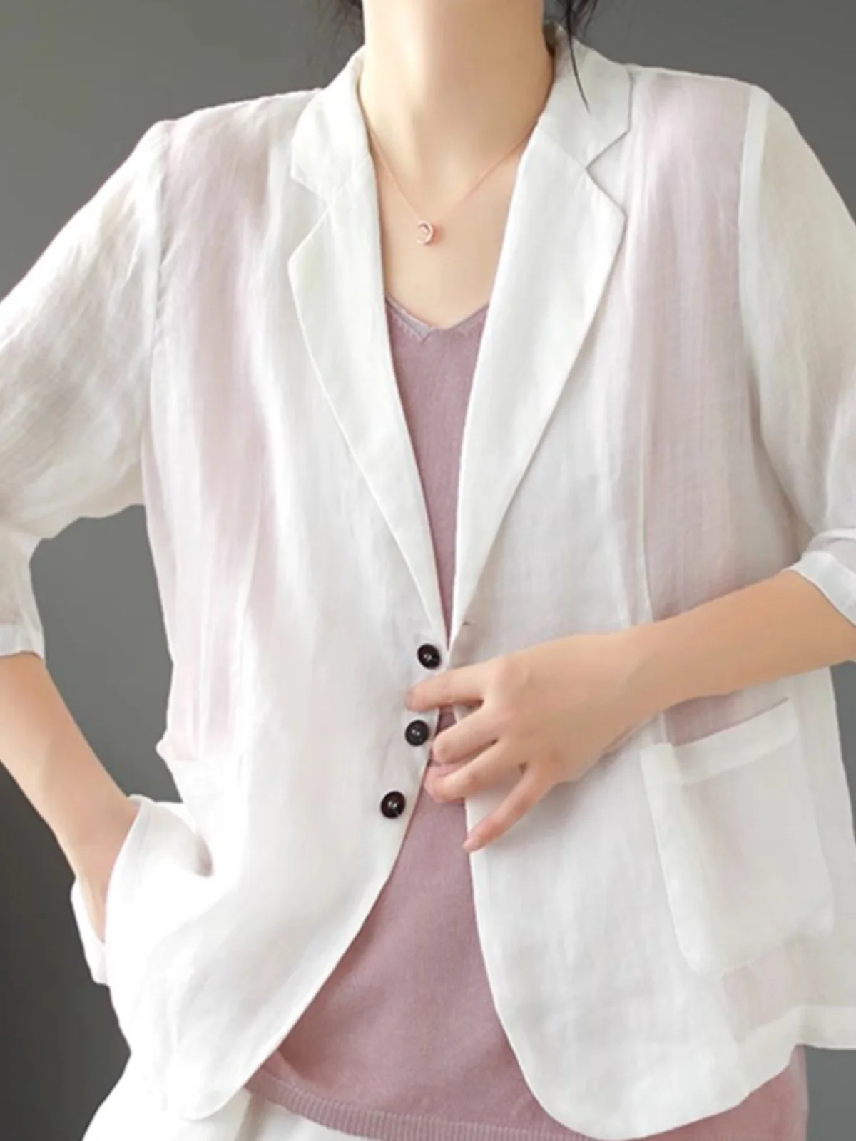 كتان نسائي للحماية من الشمس irt رفيع بزر واحد متعدد الاستخدامات من القطن والكتان للتنقل الصيفي لون نقي سبعة Sve