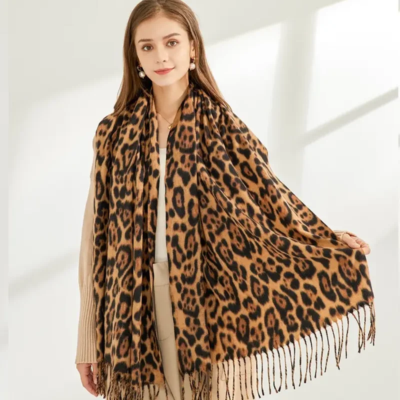 Leopard Winter Scarf Cashmere Tassel Shawl Wrap For Women Soft Femme Winter Warm Blanket Stoles Thick Pashmina 2024 Scarves