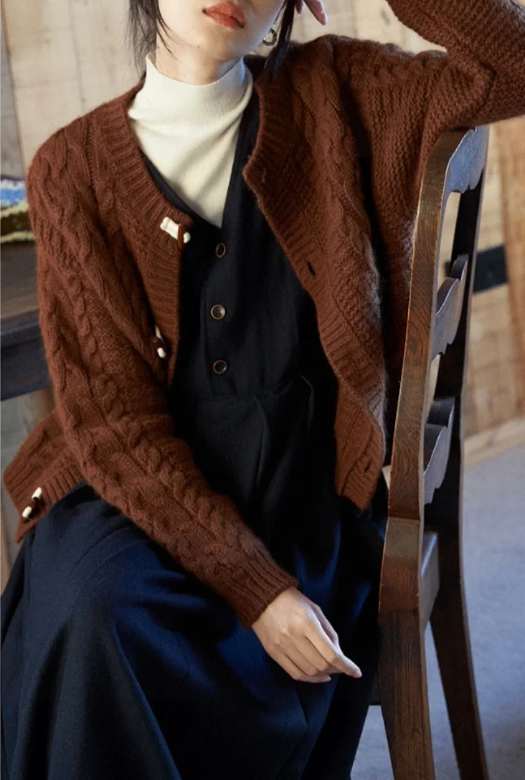 Autumn and winter thickened 100%wool sweater retro hemp knitted cardigan women's loose long-sleeved sweater jacket versatile