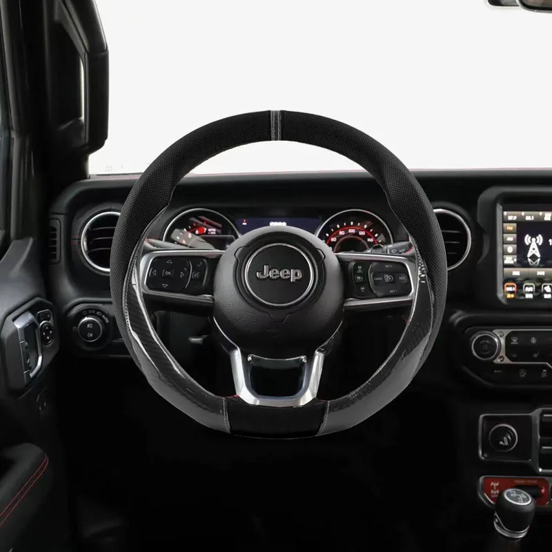 For Jeep Renegade Patriot Wrangler Cherokee Compass Renegade JK 38CM Carbon Fiber Leather Car Steering Wheel Cover Accessories