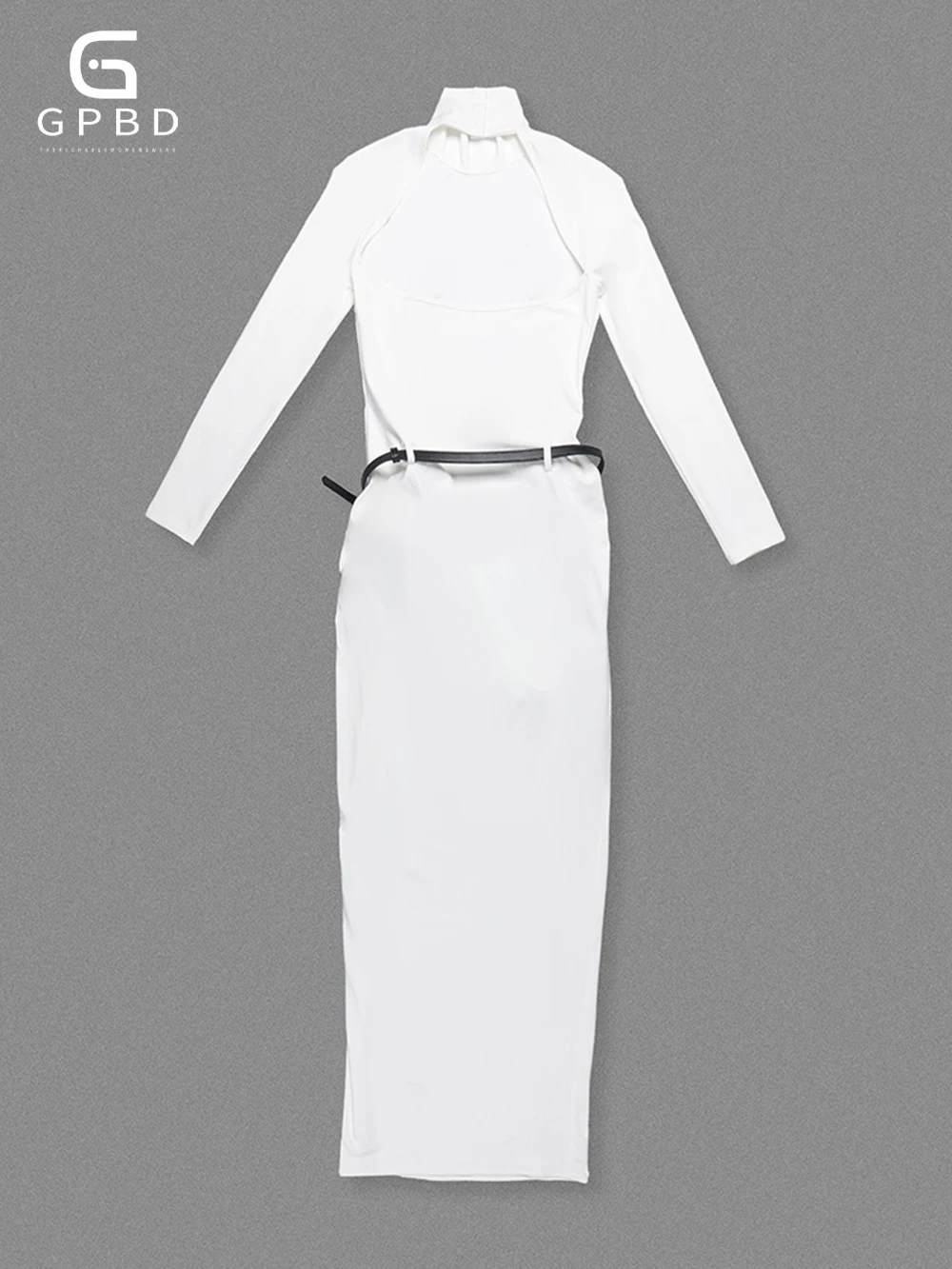 2025 جديد الأبيض الياقة المدورة كم طويل انقسام حزام الخصر تصميم مطاطا التخسيس فستان طويل ملابس عصرية نسائية #4